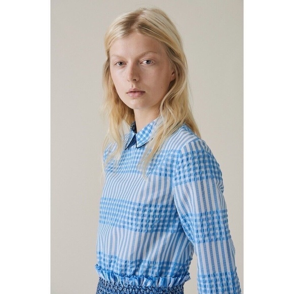 NWT!! GANNI Charron Smocked Gingham Dress Ruffle Peter Pan Mini Embroidered 36 4 - Picture 6 of 16